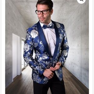 Men’s Elegant Navy/Silver Metallic Floral Blazer